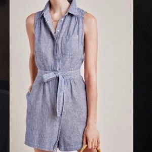 Anthropologie Linen Blue White Striped Romper Sz 2